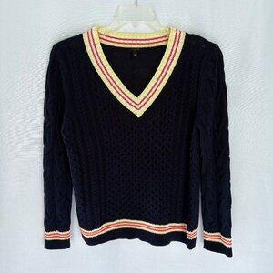 TALBOTS Navy Cotton Linen Cable Knit V Neck Pullover Sweater